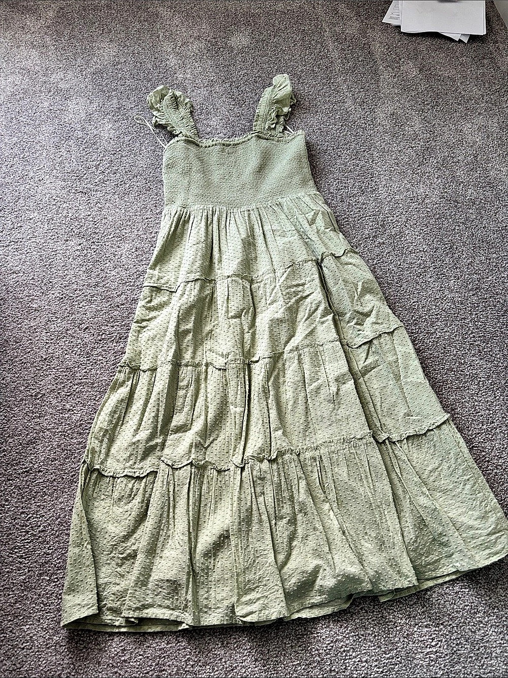 J.Crew Smocked Tiered Midi Dress in Swiss Dot Green XS